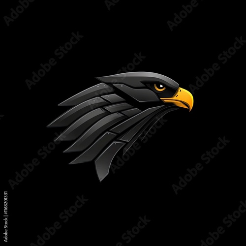 Stylized black eagle emblem showcasing fierce features and striking yellow beak against a dark background photo