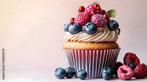 Delicious Gourmet Cupcake Topped with Raspberries Blueberries Cream