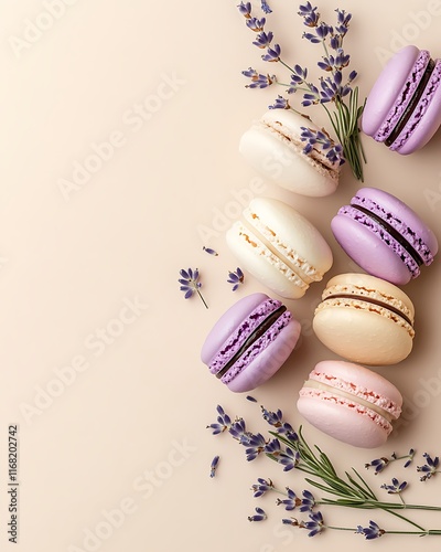 A set of macarons in soft pastel colors with lavender sprigs on top, arranged on a neutral beige background, with an empty corner for text.