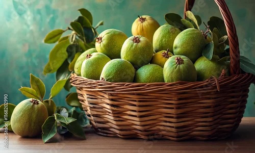 Fresh guava fruits in a wicker basket 