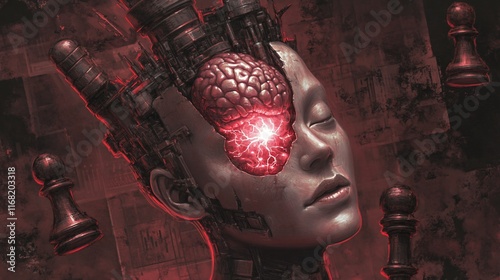 A surreal depiction of a robotic head with a glowing brain, exploring themes of technology and consciousness. photo