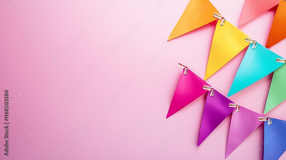 Colorful Party Bunting Banner Triangles on Pink Background Festive Decoration