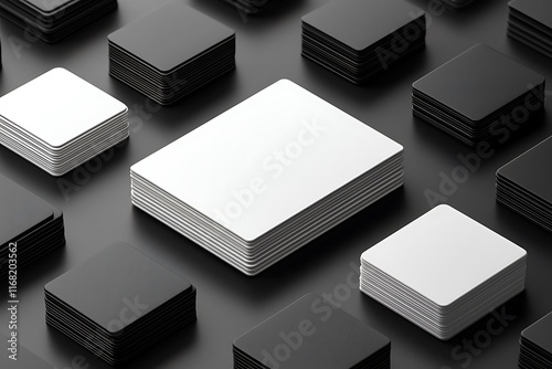 Stacks of blank white and black cards on dark surface; design mockup.