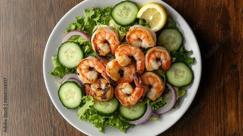 Grilled shrimp salad with cucumber, lettuce, and red onion. (1) Grilled shrimp salad with cucumber, lettuce, and red onion. (1)