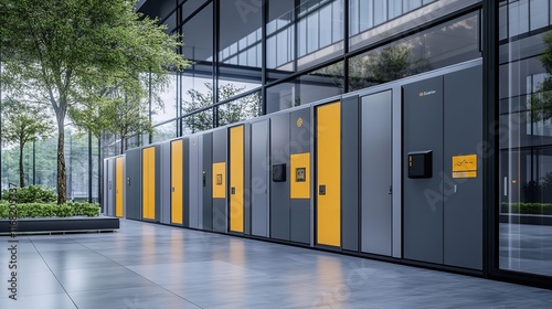 Digital Rendering of Gray and Yellow Mobile Storage Lockers

 photo