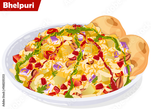 Bhel Puri Chaat Illustration. Puffed Rice, Potatoes, Tomatoes, Onions and Roasted Peanuts with Sev, Pomegranate, Papdi, Cilantro Coriander and Tamarind Chutney Garnish. Authentic Indian Street Food