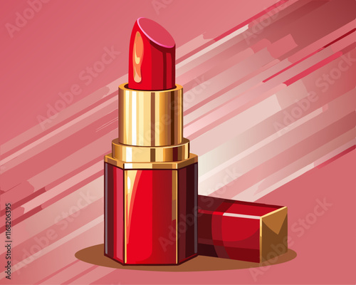 A shiny red lipstick in a sleek golden case, displayed on a muted pink background