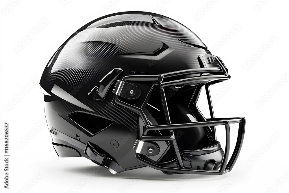 Fototapeta premium Black American football helmet on white background with light and shadow. Perfect for themes related to sport football culture. Helmet features glossy finish, bold team colors, and sturdy faceguard. 