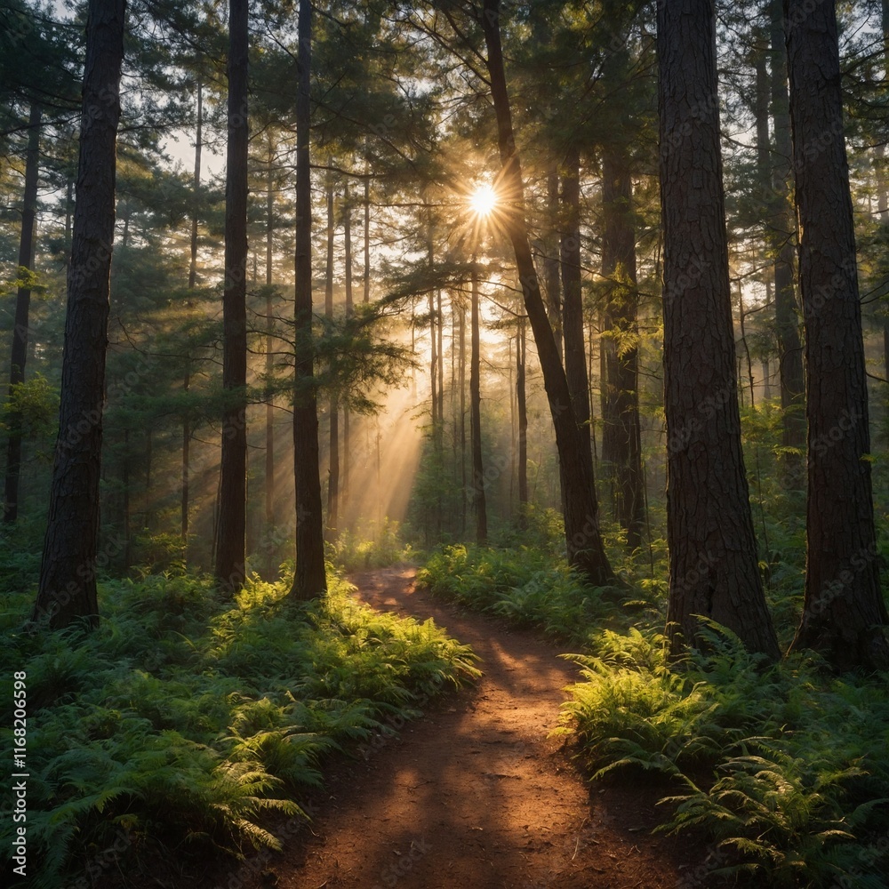 Obraz premium Leonardo_Kino_XL_Sunrise_Forest_Trail_A_winding_forest_trail_l_0