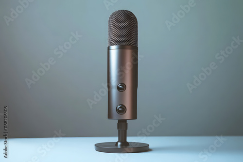 Realistic black microphone on white background. Sleek metallic with polished finish and finely mesh head. Recording studios, broadcasting or live performances. Related to music, audio, communication. photo