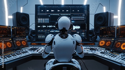 AI Robot Producing Music in a Professional Studio Setup, Generative AI