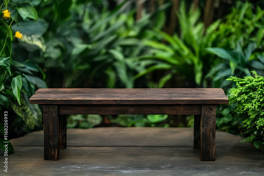 Fototapeta premium Rustic wooden bench in a garden with a blurred background of greenery 