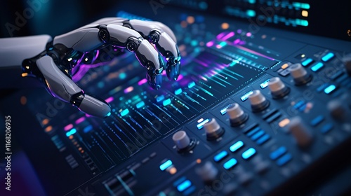 Advanced Robotic Hand Adjusting Audio Mixer for Precision Sound Engineering, Generative AI photo