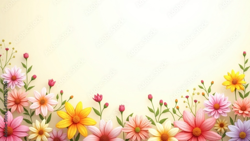 A whimsical background featuring a vibrant and lush arrangement of flowers in various shapes, sizes, and colors, with delicate petals and intricate details, set against a soft, creamy white backdrop t A whimsical background featuring a vibrant and lush arrangement of flowers in various shapes, sizes, and colors, with delicate petals and intricate details, set against a soft, creamy white backdrop t