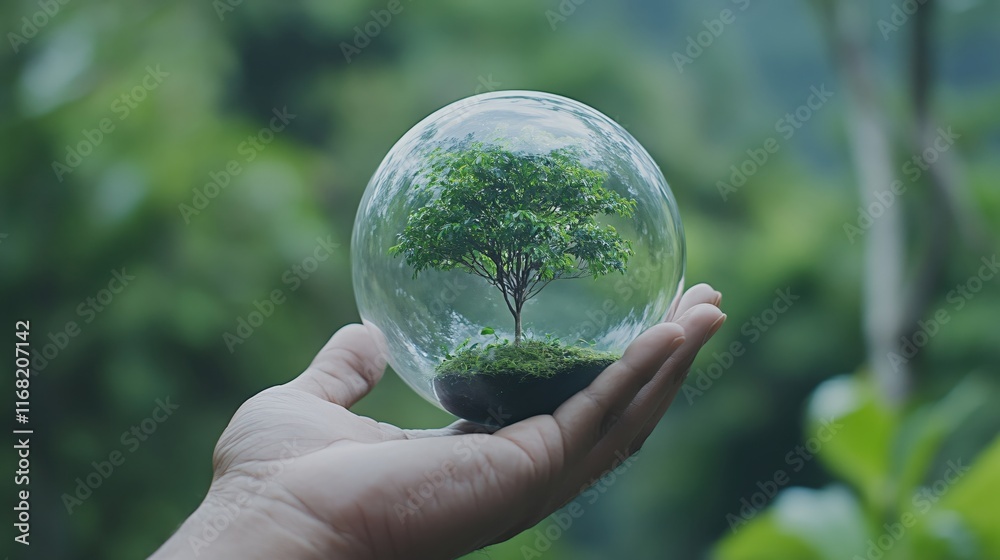 Hand Holding Glass Sphere with Green Tree and Nature in Background for Eco Concept Hand Holding Glass Sphere with Green Tree and Nature in Background for Eco Concept