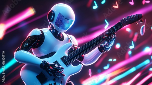 Futuristic Robot Playing Electric Guitar on a Vibrant Stage with Neon Lighting, Generative AI photo