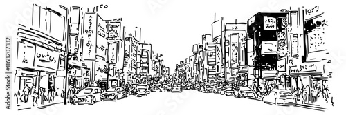 busy asian city street with shops and signs, black vector sketch illustration