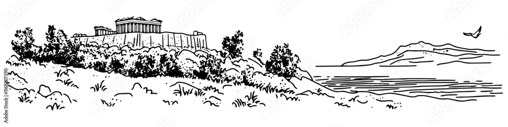 ancient acropolis with trees and distant sea view, black vector sketch illustration ancient acropolis with trees and distant sea view, black vector sketch illustration