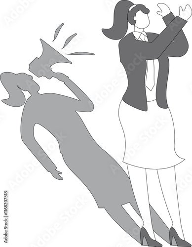 Businesswoman shadow yelling to himself with megaphone concept illustration, negative critic thinking to blame your self, depressed businesswoman self shadow blame with megaphone