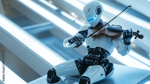 Advanced AI Robot Playing a Violin in a Futuristic Minimalist Space, Showcasing Artificial Intelligence in Creative Arts, Generative AI photo