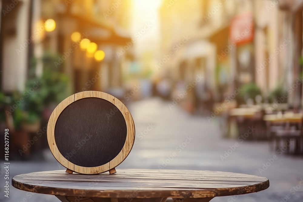 Quaint street cafe backdrop for wooden chalkboard sign mockup. Quaint street cafe backdrop for wooden chalkboard sign mockup.