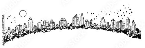 curved city skyline with skyscrapers, trees, and sun, black vector sketch illustration