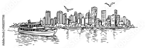 city skyline with boat and birds over water, black sketch vector sketch illustration