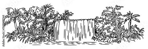 tropical waterfall surrounded by lush jungle plants, black vector sketch illustration