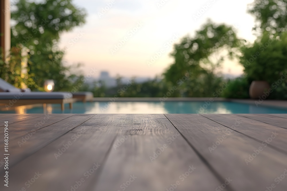 Obraz premium Modern outdoor pool area with blurred background of lounge chairs and greenery 