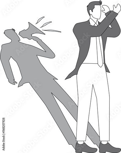 Businessman shadow yelling to himself with megaphone concept illustration, negative critic thinking to blame your self, depressed businessman self shadow blame with megaphone