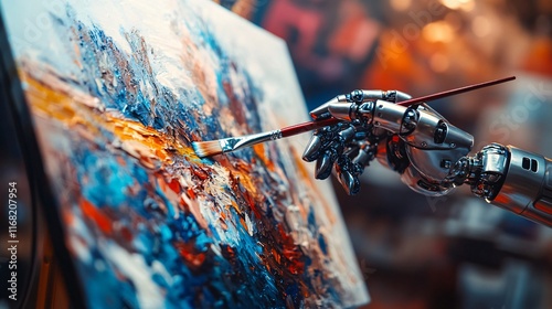 Robotic Hand Masterfully Painting a Vibrant Abstract Canvas with Precision and Creativity, Exploring Artificial Intelligence in Fine Arts, Generative AI photo