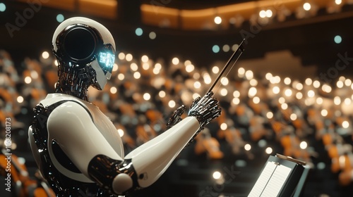 AI Robot Conducting a Symphony Orchestra in a Grand Concert Hall, Generative AI photo