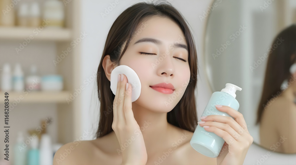 Young Asian Woman Cleansing Face with Cotton Pad and Gentle Toner for Radiant Glass Skin, Skincare Routine for Healthy Glowing Complexion, Beauty and Self-Care at Home Young Asian Woman Cleansing Face with Cotton Pad and Gentle Toner for Radiant Glass Skin, Skincare Routine for Healthy Glowing Complexion, Beauty and Self-Care at Home