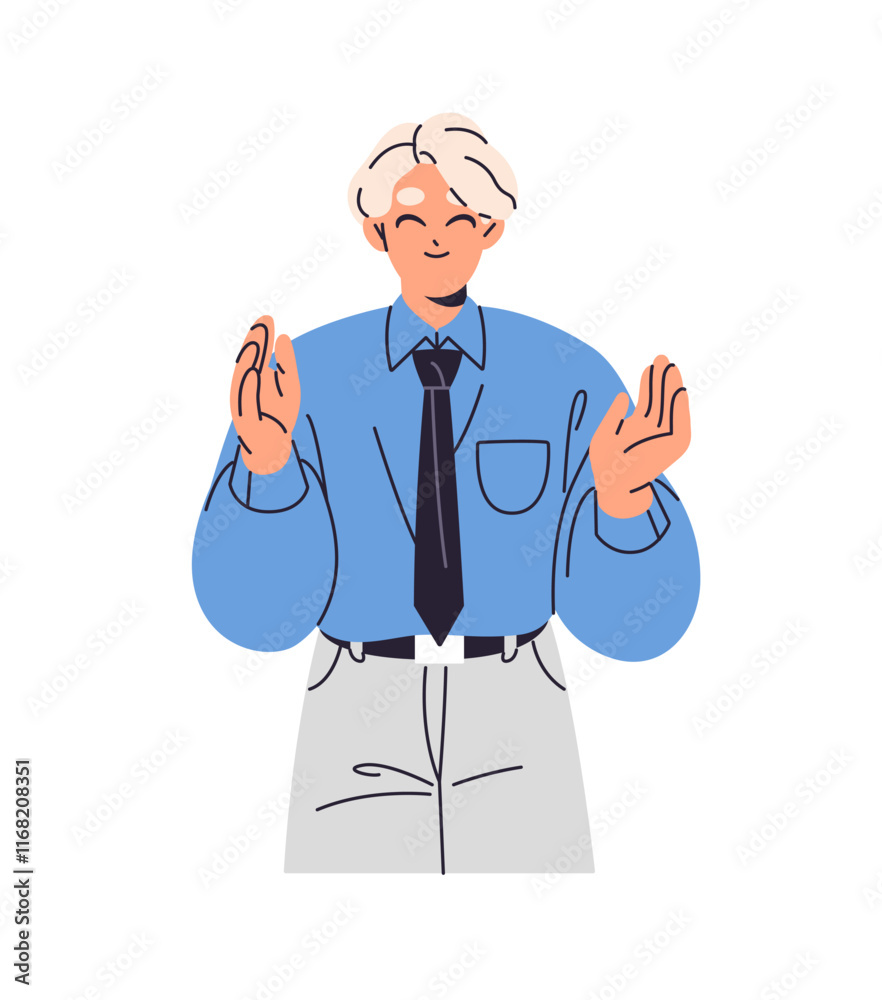 Cute boy applauding, clapping his hands, rejoices. Happy employee greeting, congratulates with success. Office worker supports, celebrates win with applause. Flat isolated vector illustration on white Cute boy applauding, clapping his hands, rejoices. Happy employee greeting, congratulates with success. Office worker supports, celebrates win with applause. Flat isolated vector illustration on white
