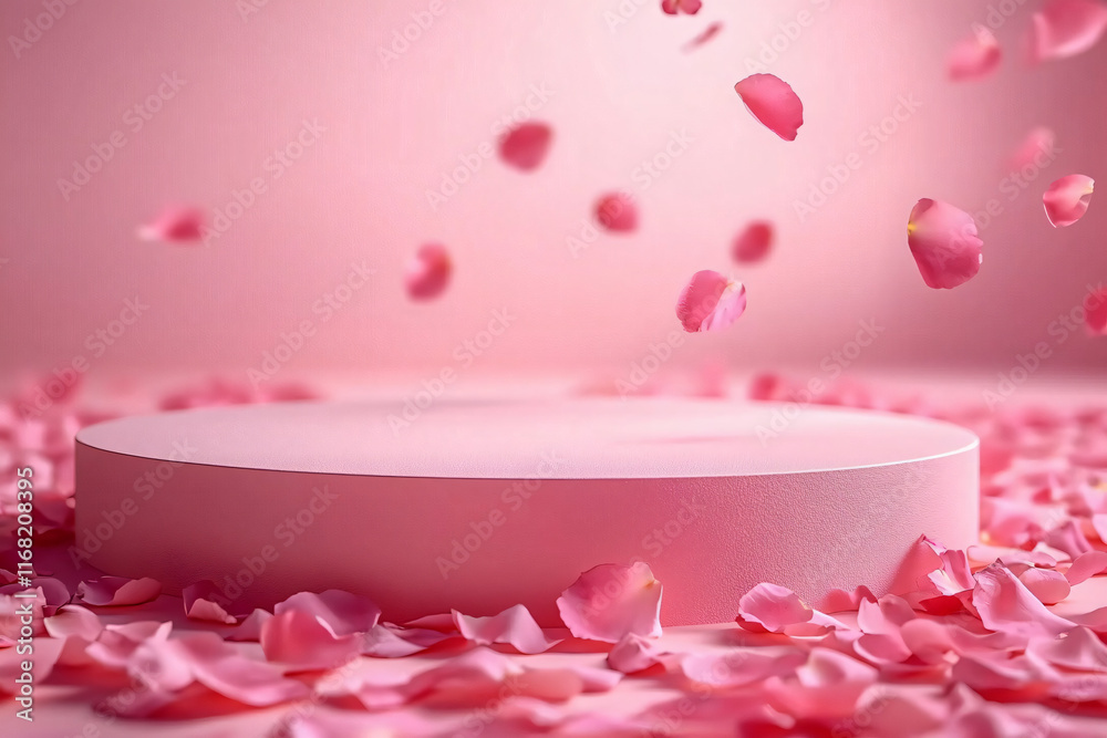 A serene pink podium surrounded by delicate rose petals, perfect for showcasing luxury beauty and spa products, Valentine's Day gifts, or fashion items. A serene pink podium surrounded by delicate rose petals, perfect for showcasing luxury beauty and spa products, Valentine's Day gifts, or fashion items.