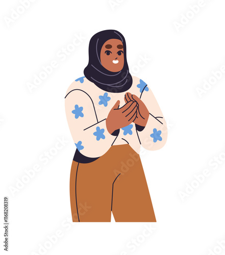 Happy Islamic girl in hijab applauding, celebrates success. Black Muslim clapping her hands, rejoices at win, holiday. Woman applause, has fun. Flat isolated vector illustration on white background