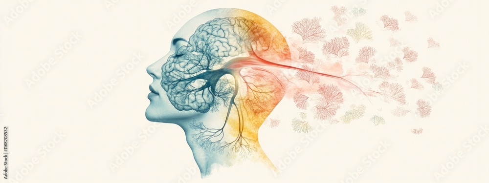 A conceptual representation of human creativity and thought with an abstract brain illustration emerging from a silhouette A conceptual representation of human creativity and thought with an abstract brain illustration emerging from a silhouette