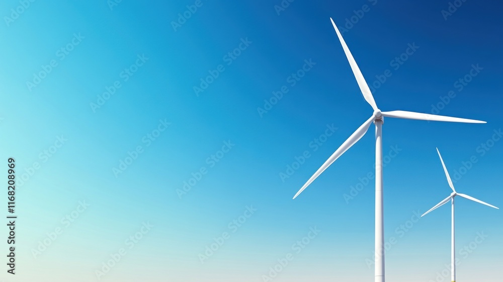 Two wind turbines against a clear blue sky, symbolizing renewable energy. Two wind turbines against a clear blue sky, symbolizing renewable energy.