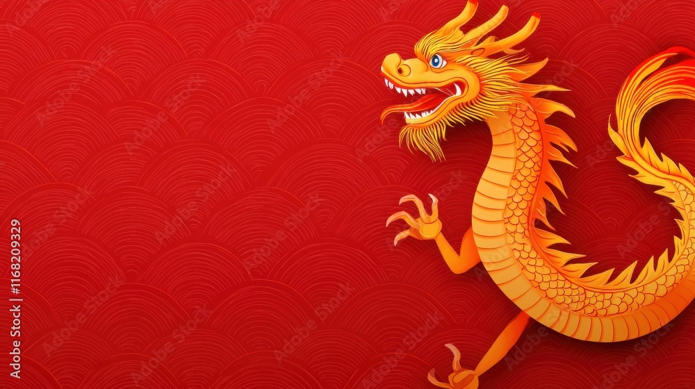 Obraz premium Majestic and Ornately Decorated Dragon with a Luminous Diamond Encrusted Body Hovering against a Vibrant Red Background This Fantastical Showcases the Mythical Creature s Fierce and Elegant Presence