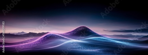Surreal landscape featuring glowing waves and a mystical mountain with shimmering lights in an ethereal twilight setting