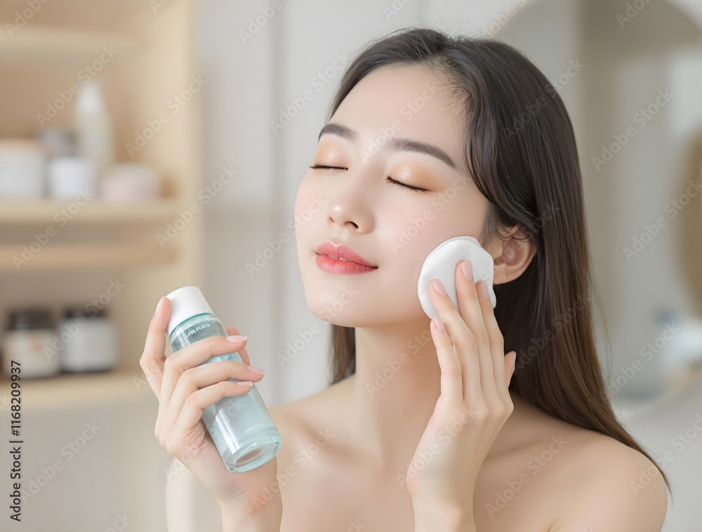 Young Asian Woman with Flawless Skin Using Facial Toner and Cotton Pad for Daily Skincare Routine, Achieving Glass Skin Beauty, Natural Makeup Look, Healthy Skin Treatment Young Asian Woman with Flawless Skin Using Facial Toner and Cotton Pad for Daily Skincare Routine, Achieving Glass Skin Beauty, Natural Makeup Look, Healthy Skin Treatment