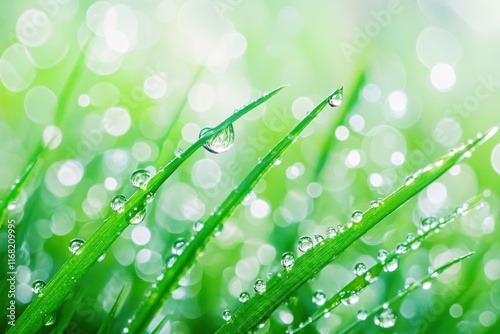 Dew Drops on Fresh Green Grass with Soft Bokeh Background in Natural Light