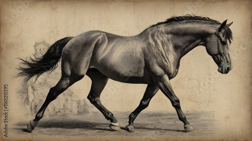 A vintage pencil drawing of a majestic horse in motion, sketched on an old, time-worn paper with rough edges and subtle discoloration, capturing the elegance of 19th-century artwork,Generative Ai
 photo