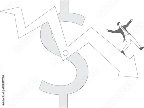 Economic recession illustration with concept of business people walk limply on a declining stock price graph, stock market falling concept, investor lost money, economic and financial crisis
