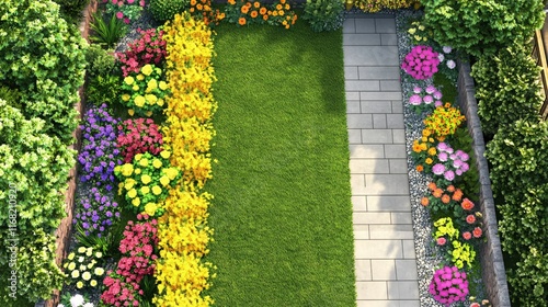 Vibrant Flower Garden with Colorful Blooms and Lush Green Grass Pathway