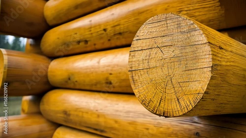Close-Up View of Rustic Log Cabin Wood Structure in Natural Landscape Setting