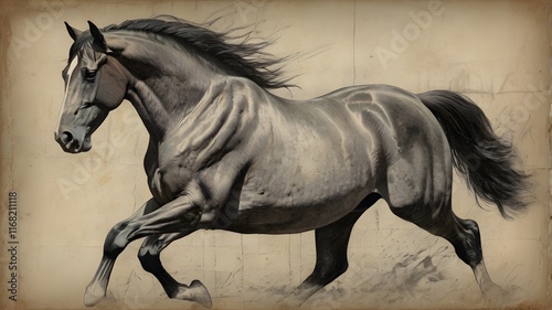 A vintage pencil drawing of a majestic horse in motion, sketched on an old, time-worn paper with rough edges and subtle discoloration, capturing the elegance of 19th-century artwork,Generative Ai
 photo