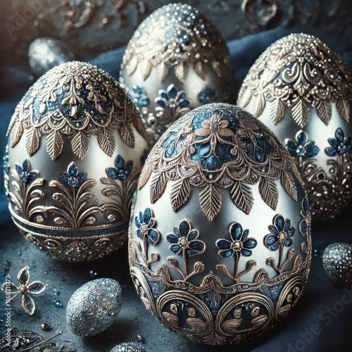Lux jewelry embellished glass silver and blue Easter eggs, Rustic vintage Easter postcard