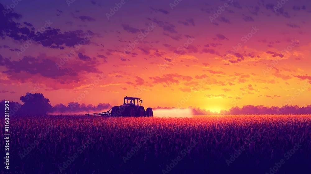 Fototapeta premium Tractor Working Field Sunset Vibrant Colors Landscape