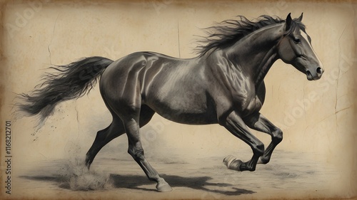 A vintage pencil drawing of a majestic horse in motion, sketched on an old, time-worn paper with rough edges and subtle discoloration, capturing the elegance of 19th-century artwork,Generative Ai
